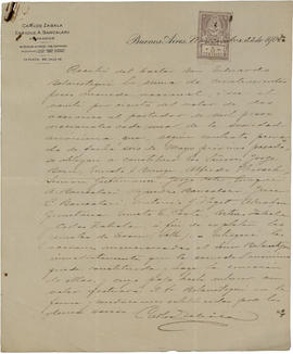 [Nota de recibo de Carlos Zabala, Buenos Aires, 22/09/1905]