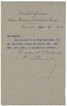 [Nota de M. Cleineux a Don Augusto, Buenos Aires, 07/05/1914]